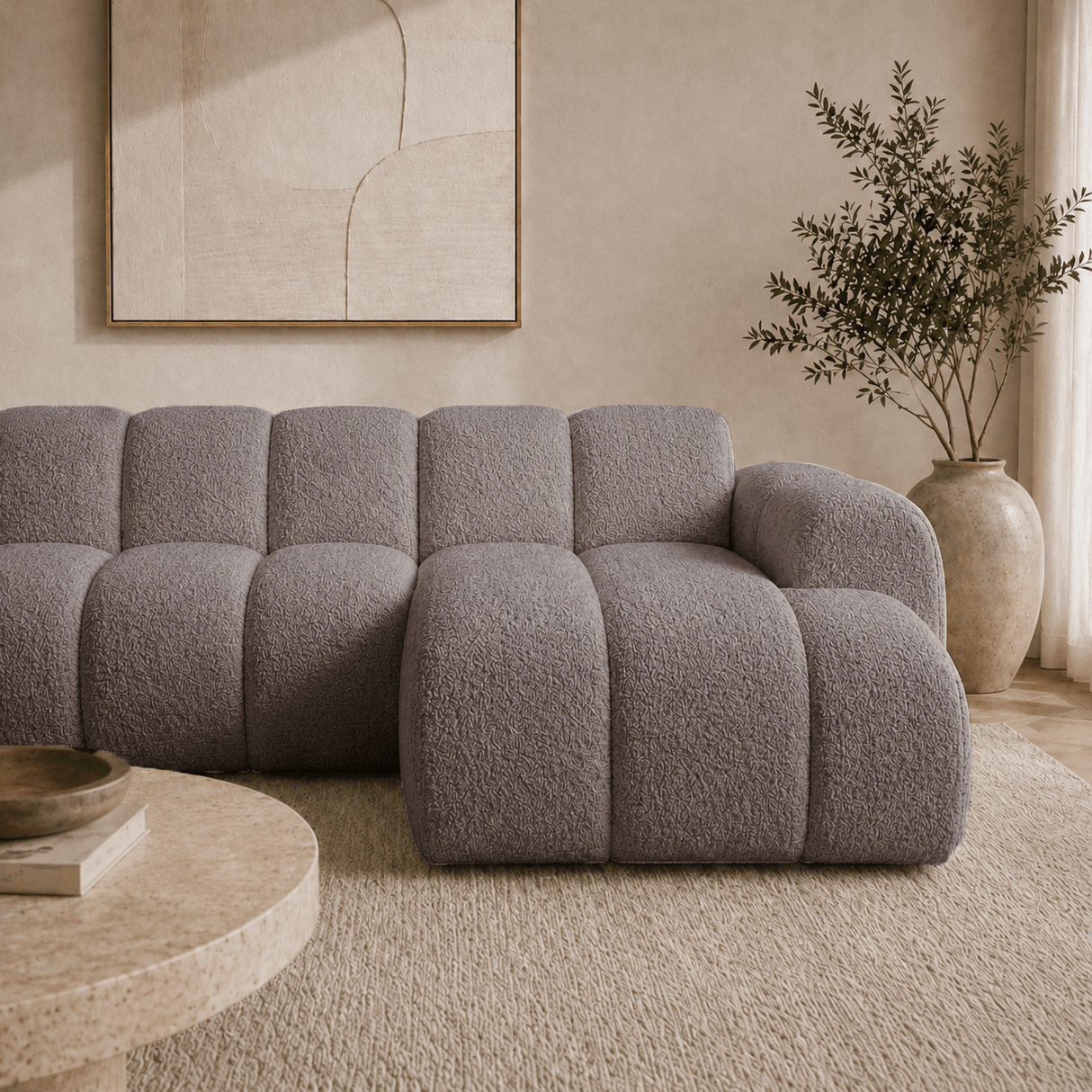 Banken-Hoekbank met lounge zacht bruin bouclé stof - strepen - rechts - Brix-Dimehouse