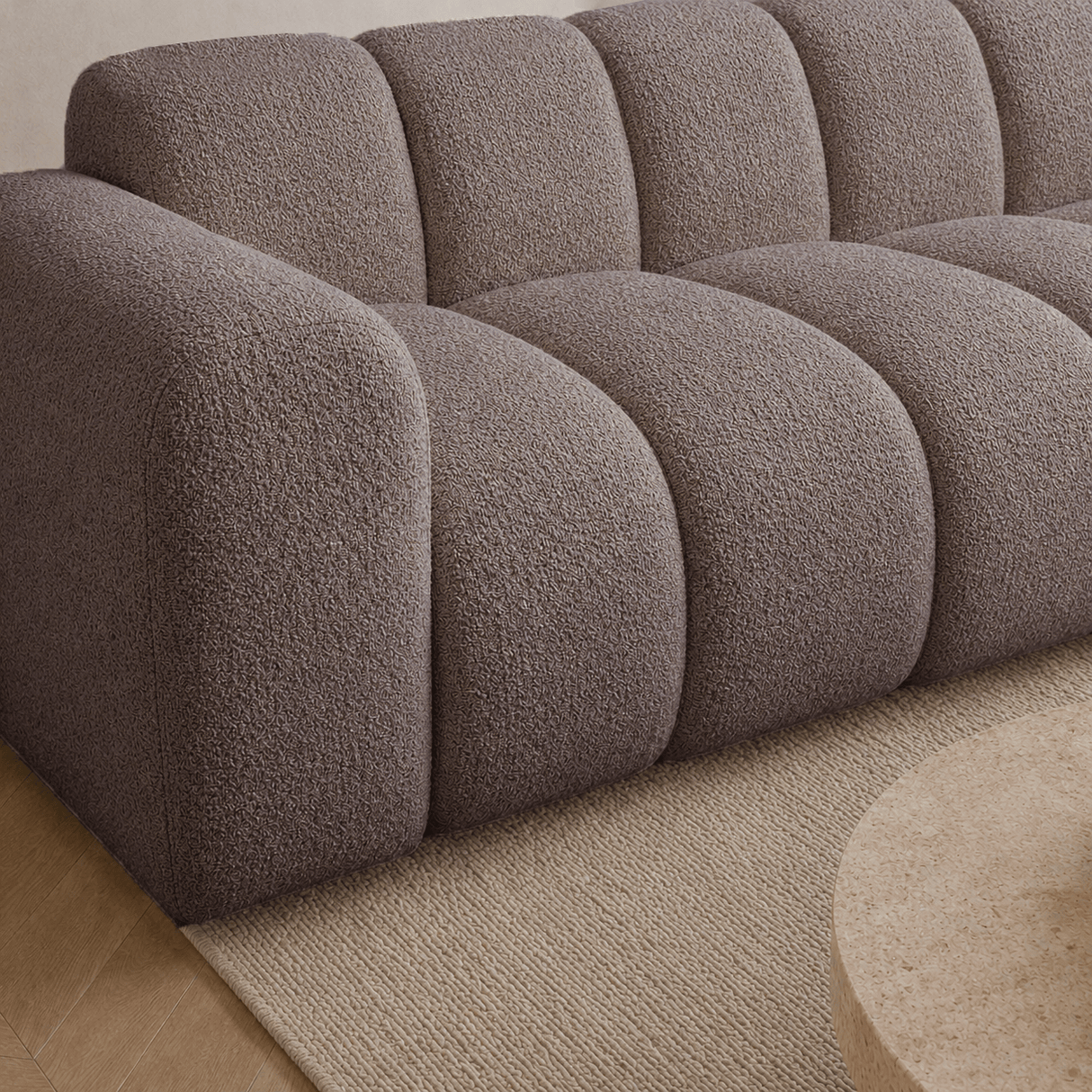 Banken-Hoekbank met lounge zacht bruin bouclé stof - strepen - rechts - Brix-Dimehouse
