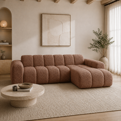 Sofá esquinero con salón en suave tela bouclé marrón - rayas - derecha - Brix