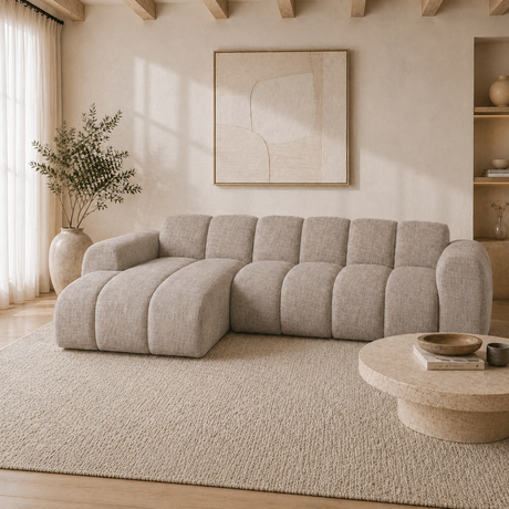 Banken-Hoekbank met lounge zand velvet structuurstof - strepen - links - Brix-Dimehouse