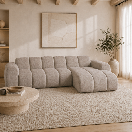 Sofá esquinero con salón de tela texturizada de terciopelo color arena - rayas - derecha - Brix