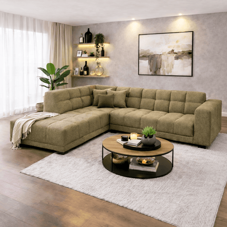 Sofá de esquina con chaise longue en tela bouclé verde oliva Nova – izquierda