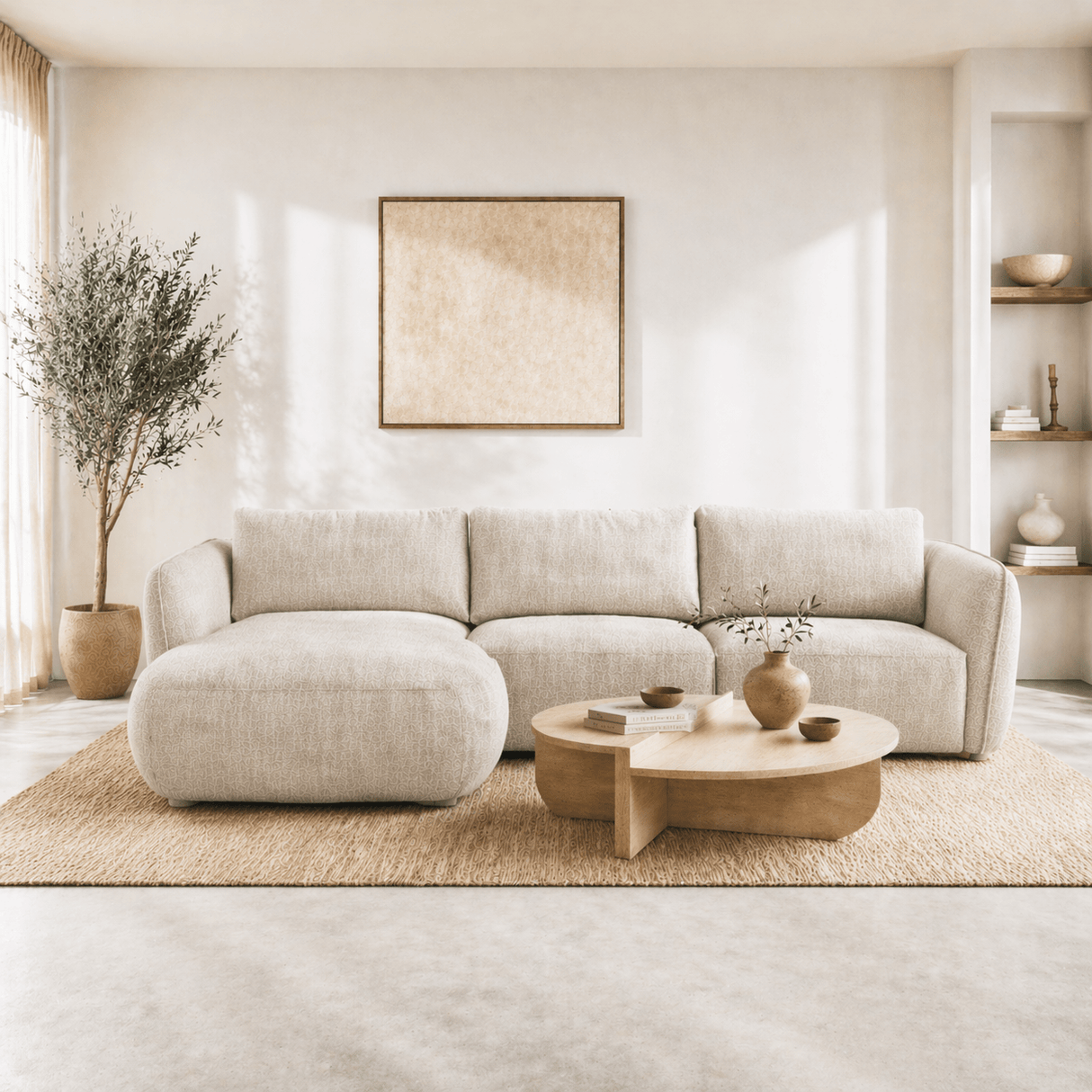Banken - Hoekbank ronde longue beige velvet structuurstof Dwayne - links - Dimehouse