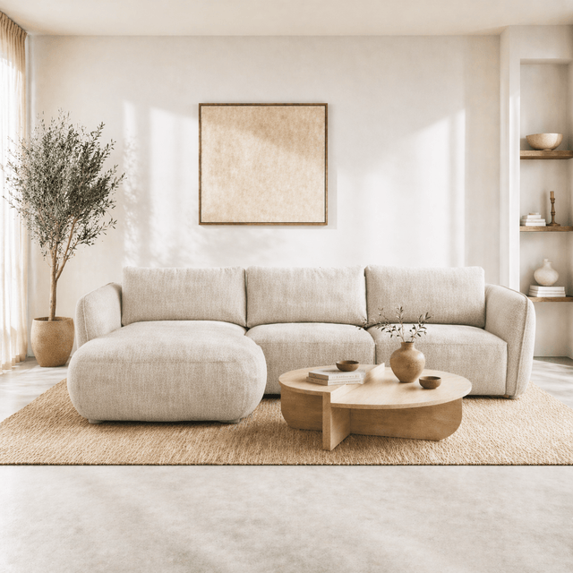 Banken - Hoekbank ronde longue beige velvet structuurstof Dwayne - links - Dimehouse