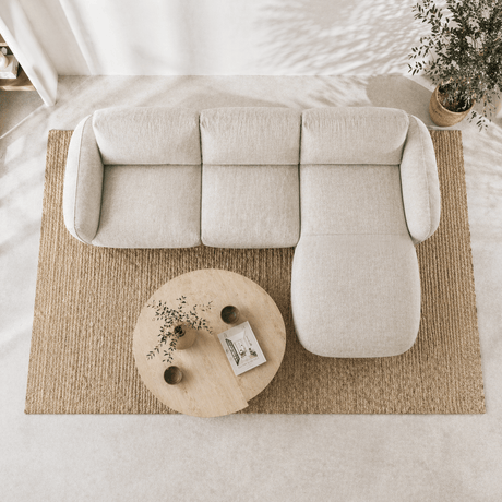 Sofá esquinero redondo longue tela texturizada terciopelo beige Dwayne - derecha