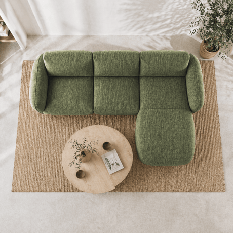 Sofá rinconero redondo salón tela texturizada terciopelo verde oliva Dwayne - derecha