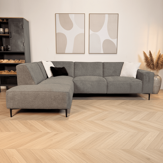 Banken - Hoekbank taupe chenille gemêleerd Ravi – links - Dimehouse