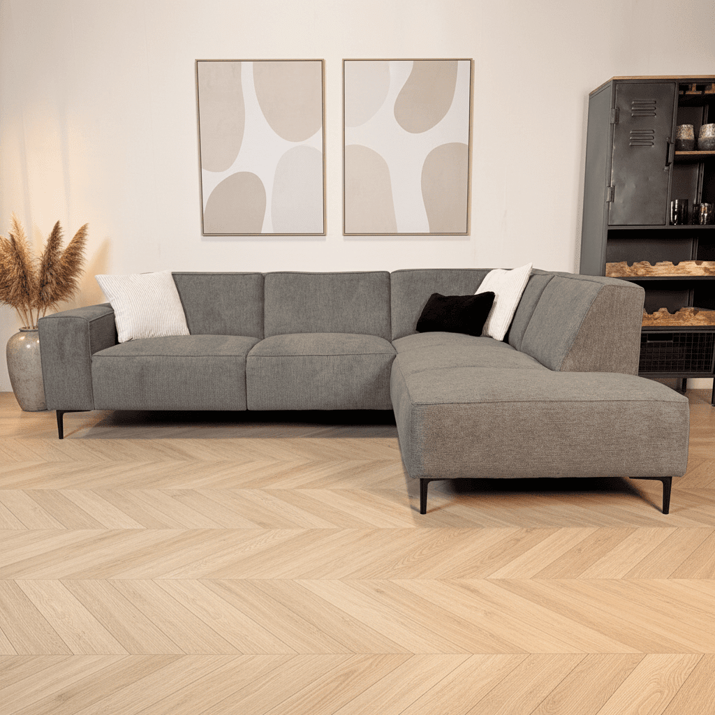 Sofá esquina de chenilla taupe tapizada Ravi – derecha 