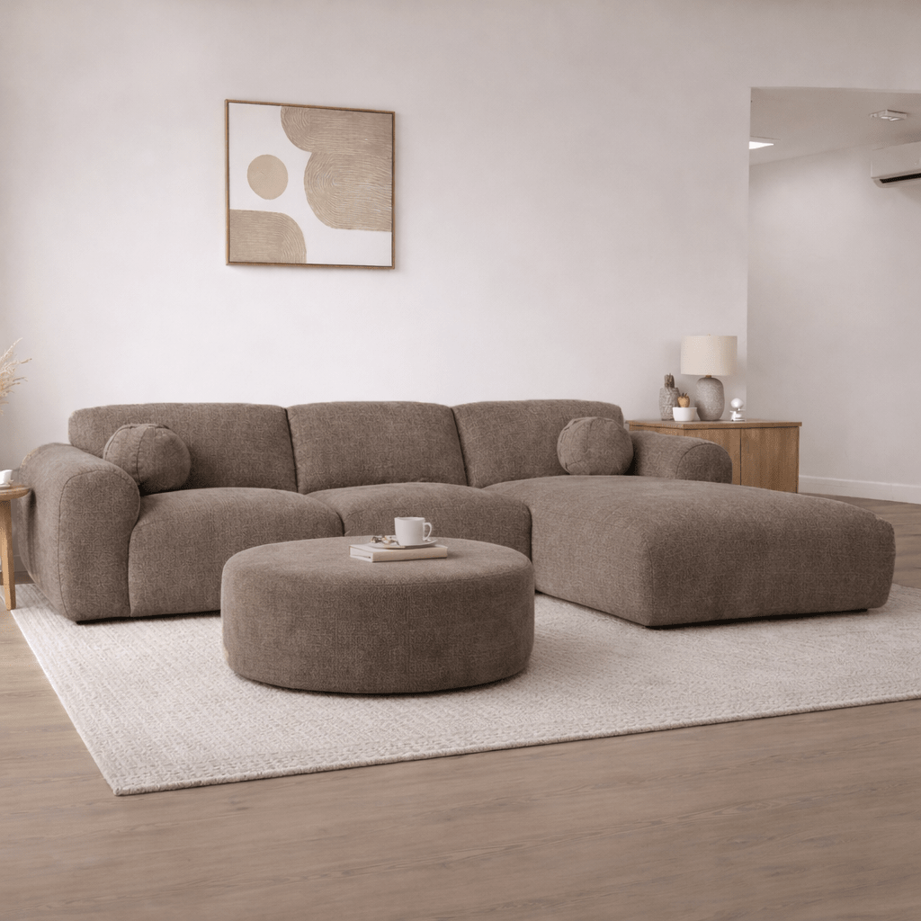 Banken - Hoekbank taupe chenille stof - 292x169 cm - Shane - rechts - Dimehouse