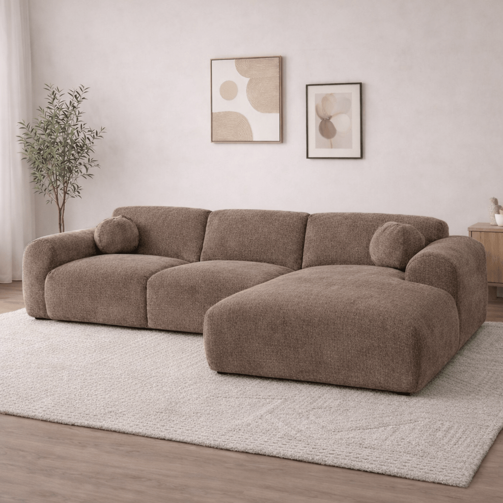 Banken - Hoekbank taupe chenille stof - 292x169 cm - Shane - rechts - Dimehouse
