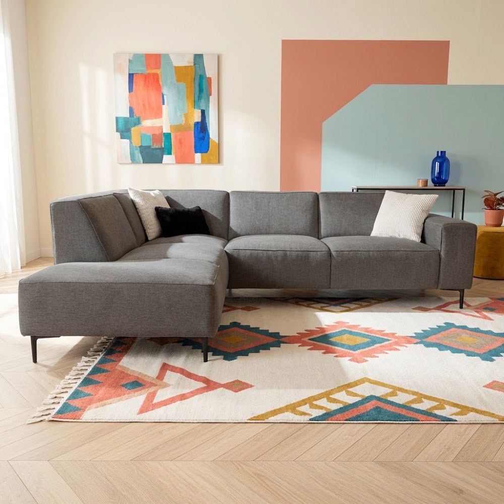Banken - Hoekbank taupe chenille gemêleerd Ravi – links - Dimehouse