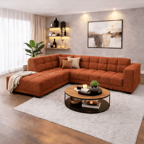 Sofá de esquina con chaise longue en tela bouclé color cobre Nova – izquierda