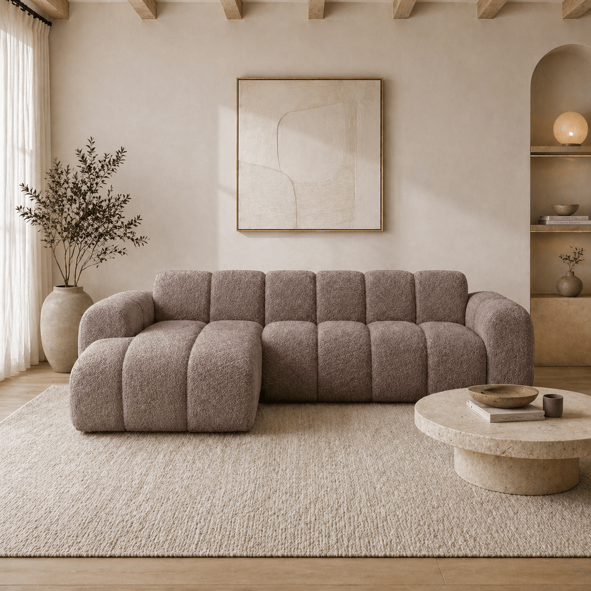 Sofá esquinero con salón en suave tela bouclé marrón - rayas - izquierda - Brix