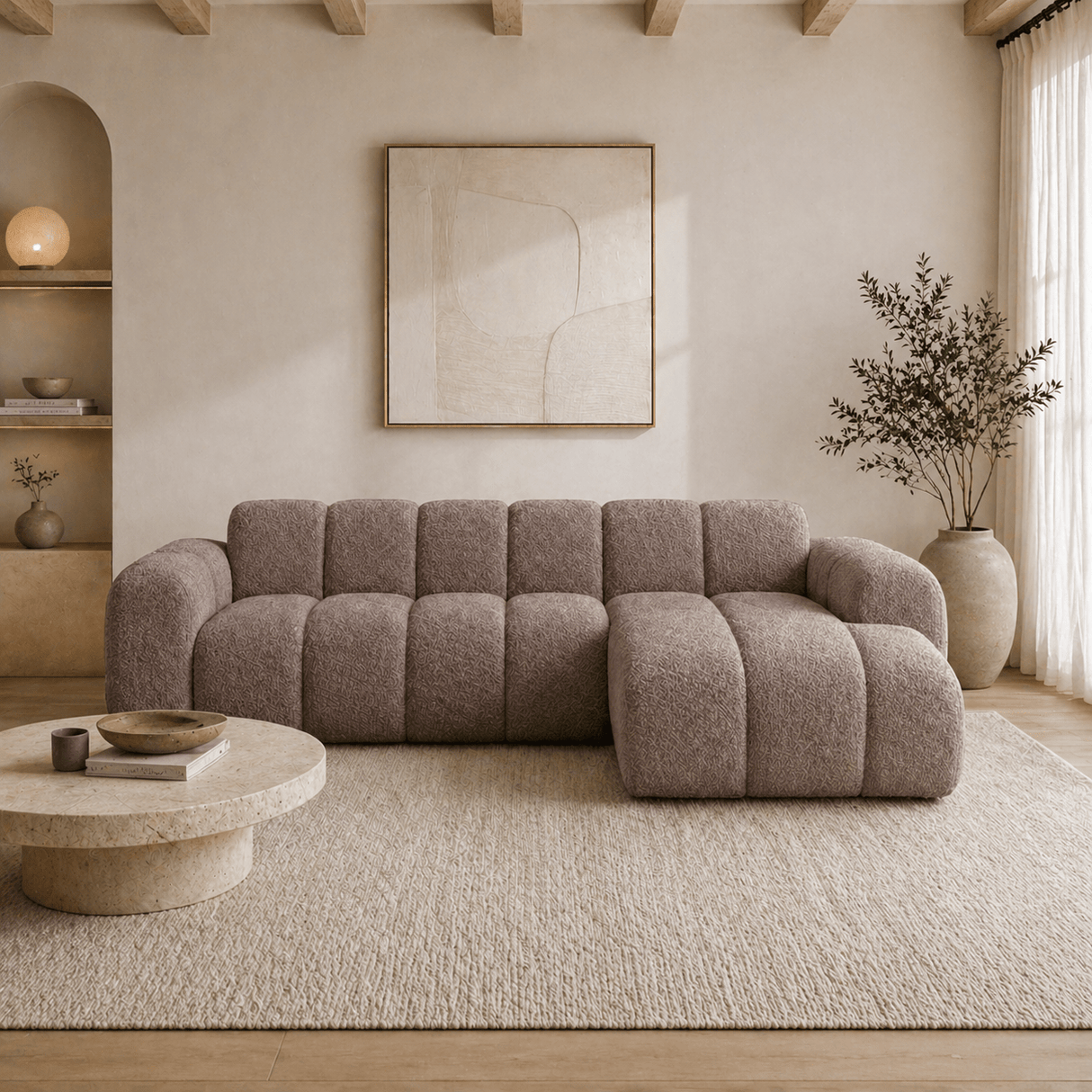 Sofá esquinero con salón en suave tela bouclé marrón - rayas - derecha - Brix