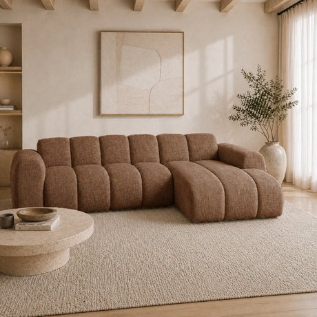 Sofá esquinero con salón de tela bouclé beige - rayas - izquierda - Brix
