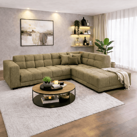 Sofá esquinero con salón en tela bouclé verde oliva Nova - derecha