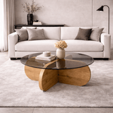 Salontafels - Ronde salontafel Aris eiken look melamine en rookglas 75 cm - Dimehouse