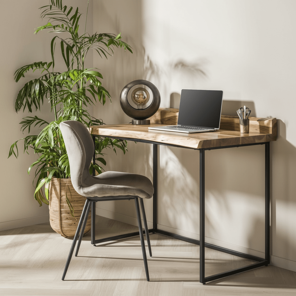 Escritorio industrial tronco de árbol madera de acacia Aberdeen 110x60 cm foto atmosférica en un interior moderno