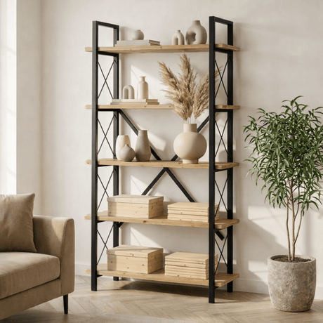 Boekenkasten - Industriële boekenkast dennenhout melamine Ely - zwart frame - 180x90 cm - Dimehouse