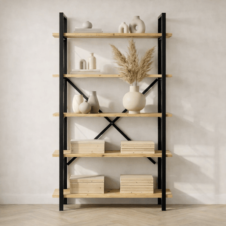 Librería industrial melamina roble Ely - estructura negra - 180x90 cm