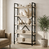 Boekenkasten - Industriële boekenkast travertin melamine Ely - zwart frame - 180x90 cm - Dimehouse