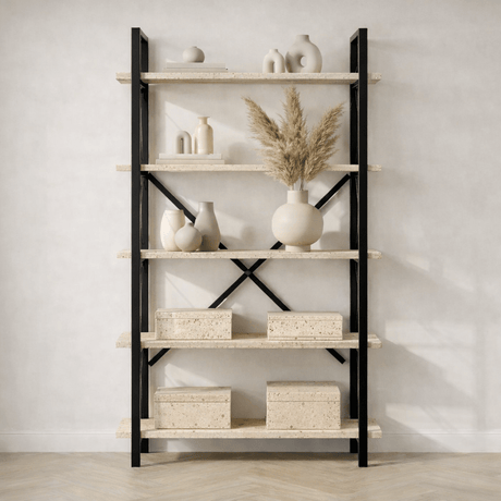 Librería industrial de melamina travertino Ely - estructura negra - 180x90 cm
