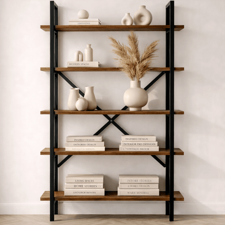 Librería industrial melamina nogal Ely - estructura negra - 180x90 cm