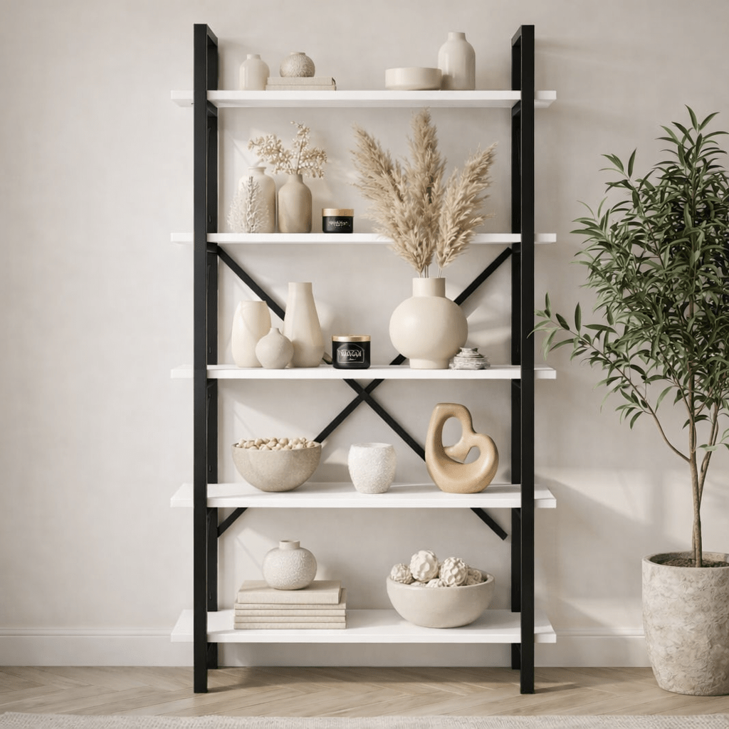 Boekenkasten - Industriële boekenkast wit melamine Ely - Zwart Frame - 180x90 cm - Dimehouse