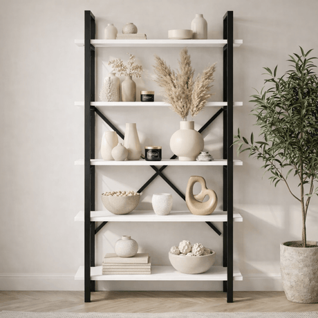 Librería industrial melamina blanca Ely - Estructura negra - 180x90 cm