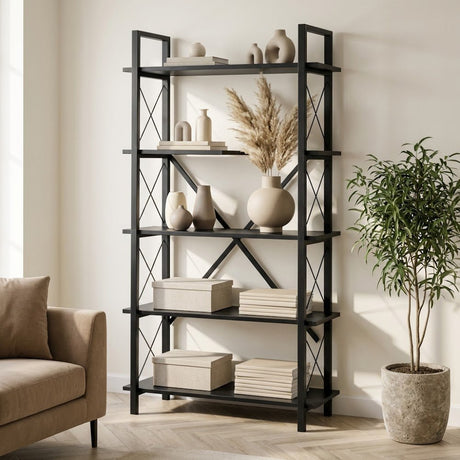 Boekenkasten - Industriële boekenkast zwart melamine Ely - Zwart Frame - 180x90 cm - Dimehouse