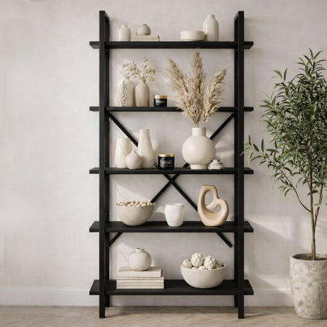 Boekenkasten - Industriële boekenkast zwart melamine Ely - Zwart Frame - 180x90 cm - Dimehouse