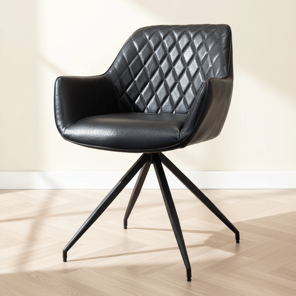 Industriële Eetkamerstoel Zwart Gian - Kunstleer - Ruitpatroon - Met Armleuningen