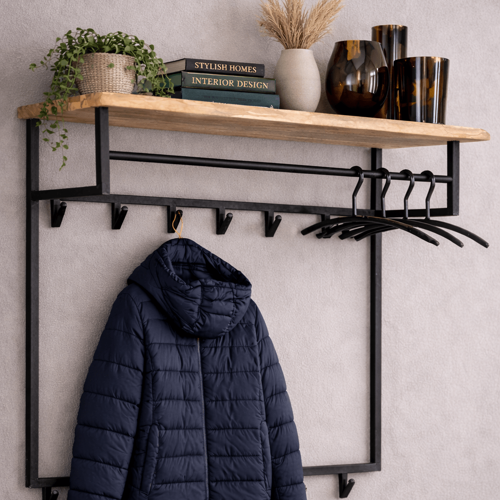 Perchero Industrial Metal con Madera de Acacia 12 Ganchos 100x80cm - Teun