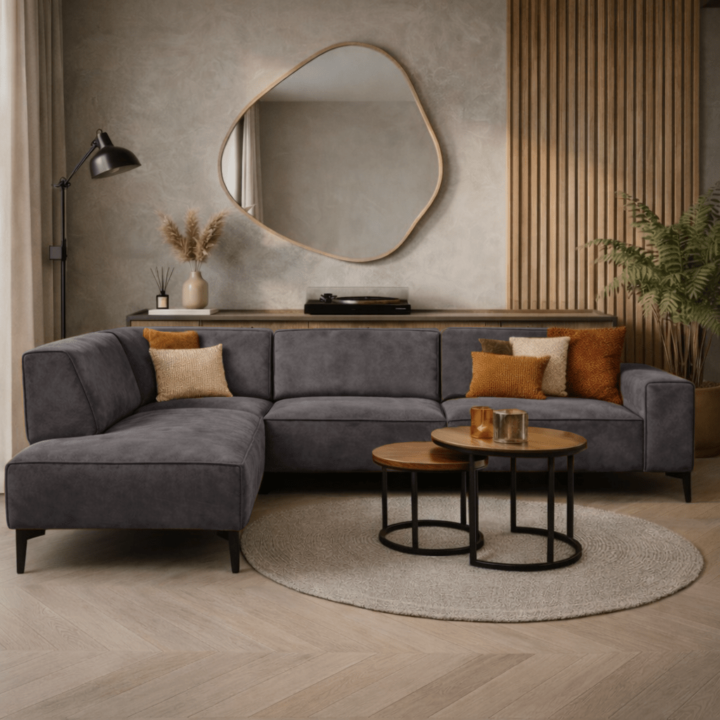 Banken - Industriële hoekbank antraciet eco - leer Brisbane - links - Dimehouse