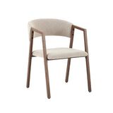 Eetkamerstoelen-Japandi eetkamerstoel zandkleur bouclé Kyo - walnoot frame - met armleuning-Dimehouse