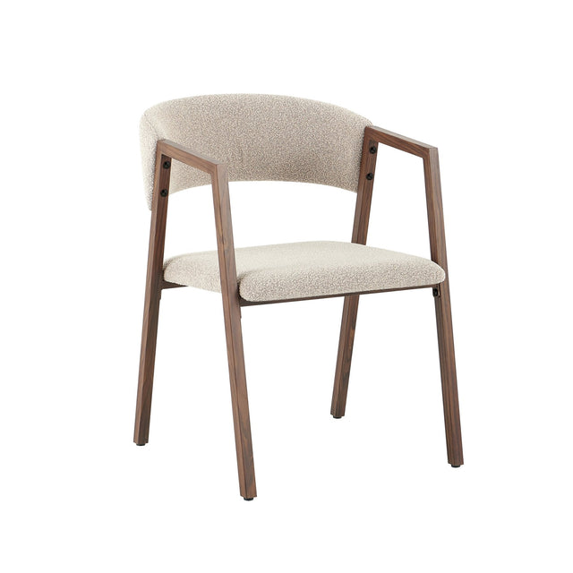 Eetkamerstoelen-Japandi eetkamerstoel zandkleur bouclé Kyo - walnoot frame - met armleuning-Dimehouse