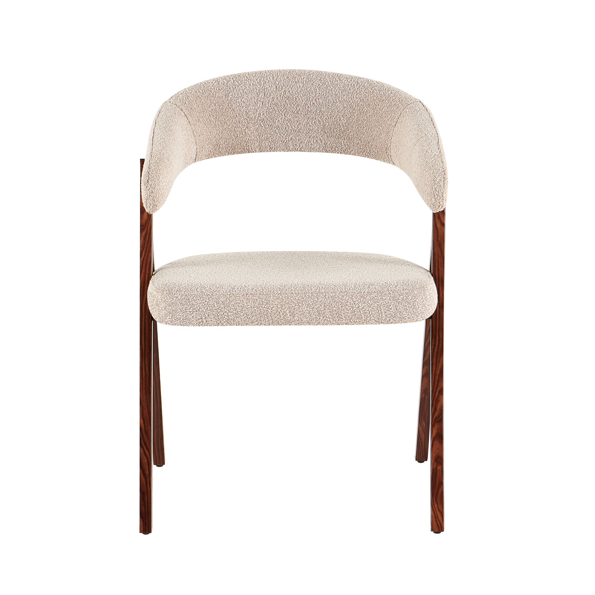 Silla de comedor Japandi bouclé color arena Miyu - estructura de nogal - con reposabrazos