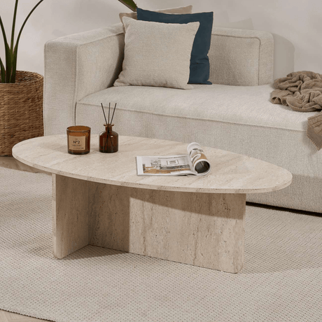 Mesa de centro con forma de guijarro travertino – 120 x 60 cm – Baro
