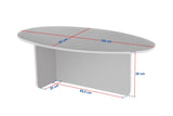Mesa de centro de dimensiones foto en color blanco con forma de guijarro, tapa de aspecto travertino y base de melamina de nogal. Diseño japonés.