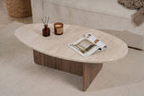 Mesa de centro orgánica en forma de guijarro con tapa de aspecto travertino y base de melamina de nogal. Diseño japonés de 120x60cm.