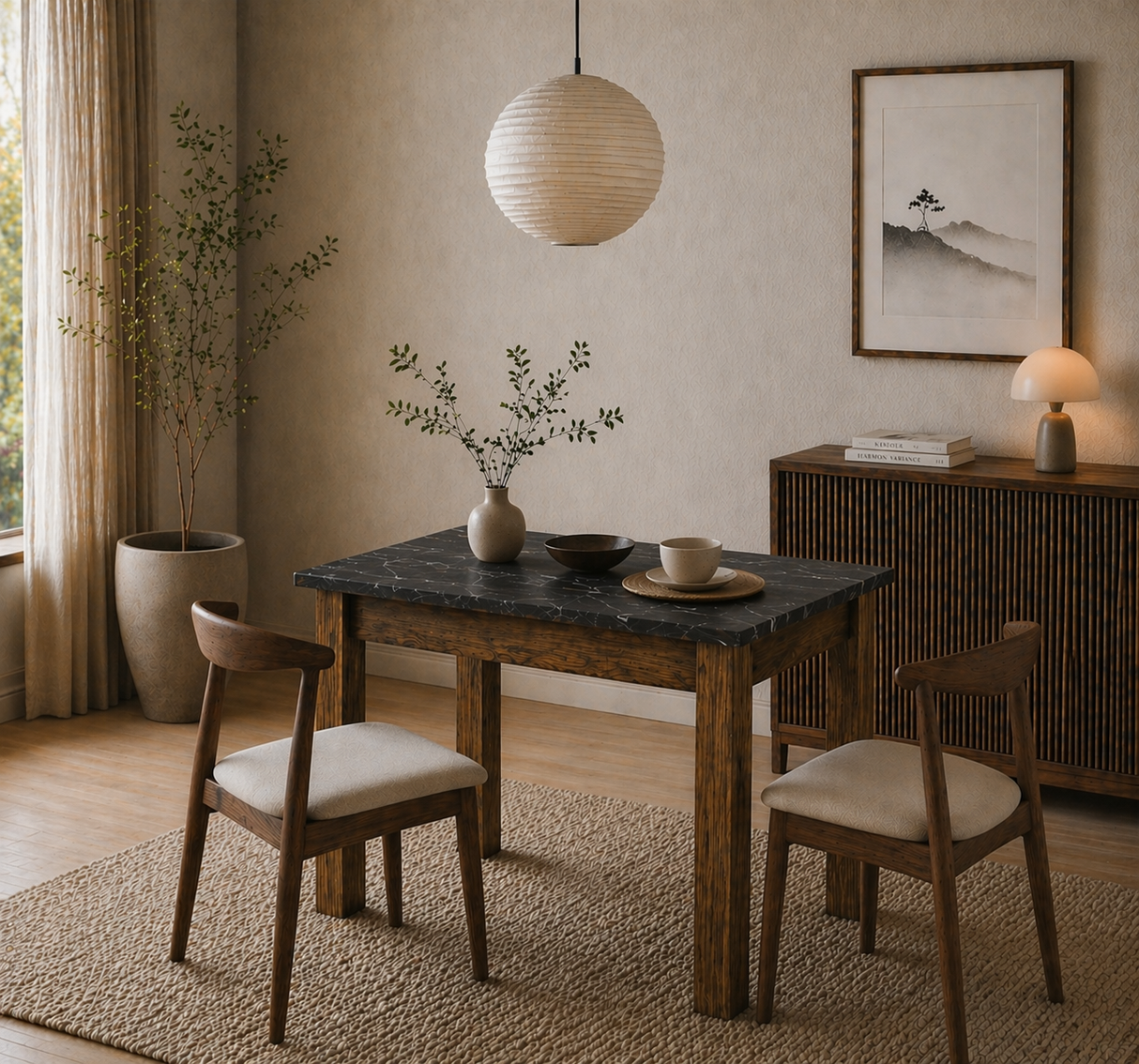 Kleine eettafel Walnoot met zwart Melamine - 110 cm - met opbergruimte - Kara