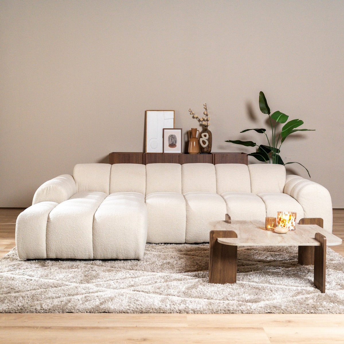 Sofás-Sofá rinconera con salón tela bouclé beige - rayas - izquierda - Brix-Dimehouse