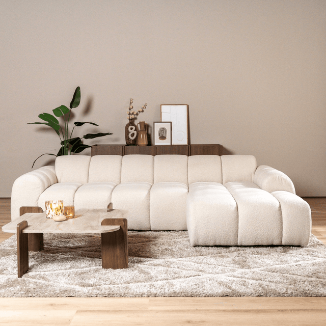 Sofás-Sofá rinconera con salón en tejido bouclé beige - rayas - derecha - Brix-Dimehouse