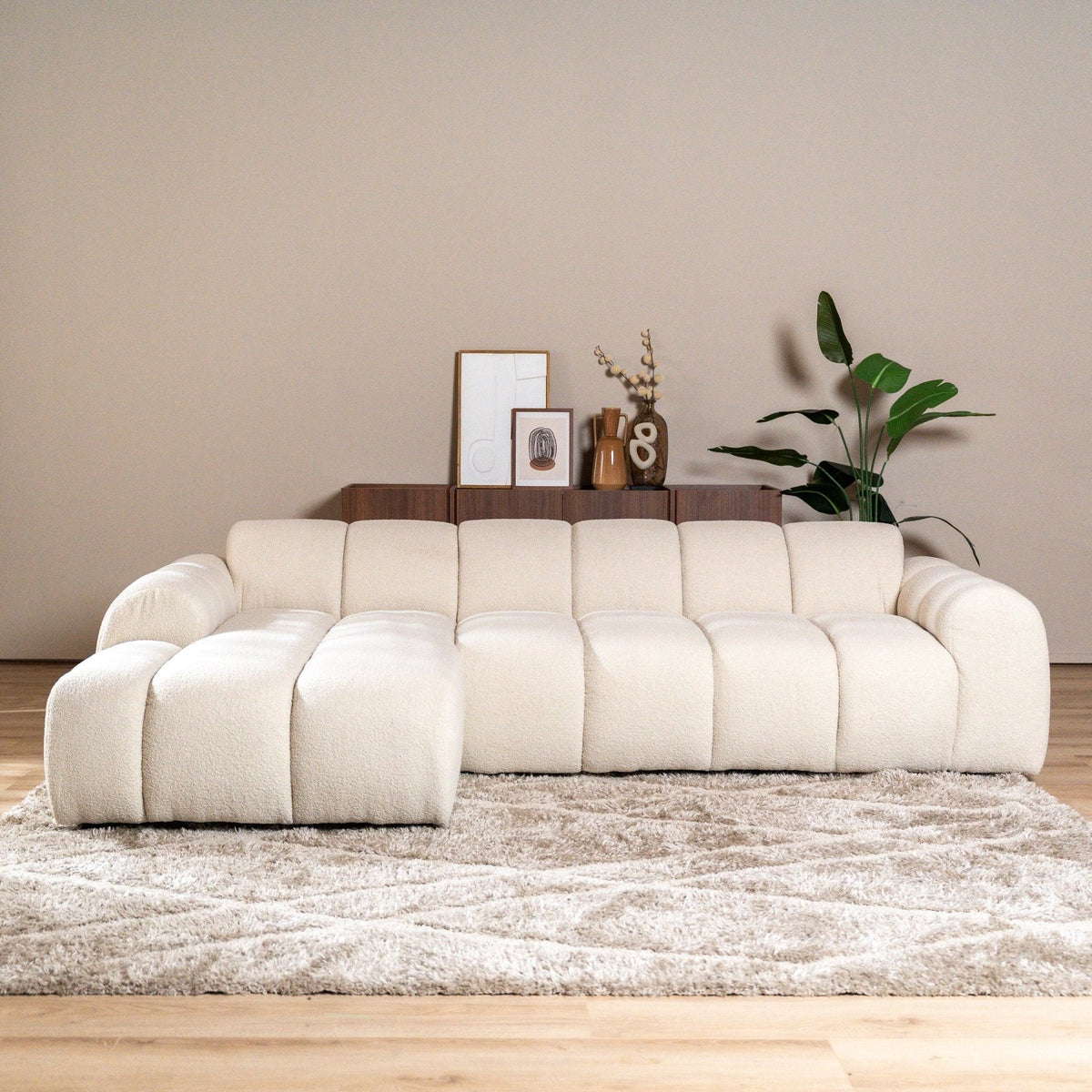 Sofás-Sofá rinconera con salón tela bouclé beige - rayas - izquierda - Brix-Dimehouse