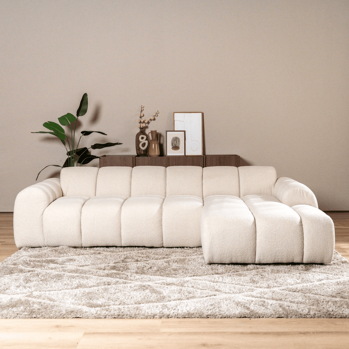 Sofás-Sofá rinconera con salón en tejido bouclé beige - rayas - derecha - Brix-Dimehouse