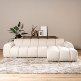 Sofás-Sofá rinconera con salón en tejido bouclé beige - rayas - derecha - Brix-Dimehouse
