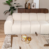 Sofás-Sofá rinconera con salón en tejido bouclé beige - rayas - derecha - Brix-Dimehouse