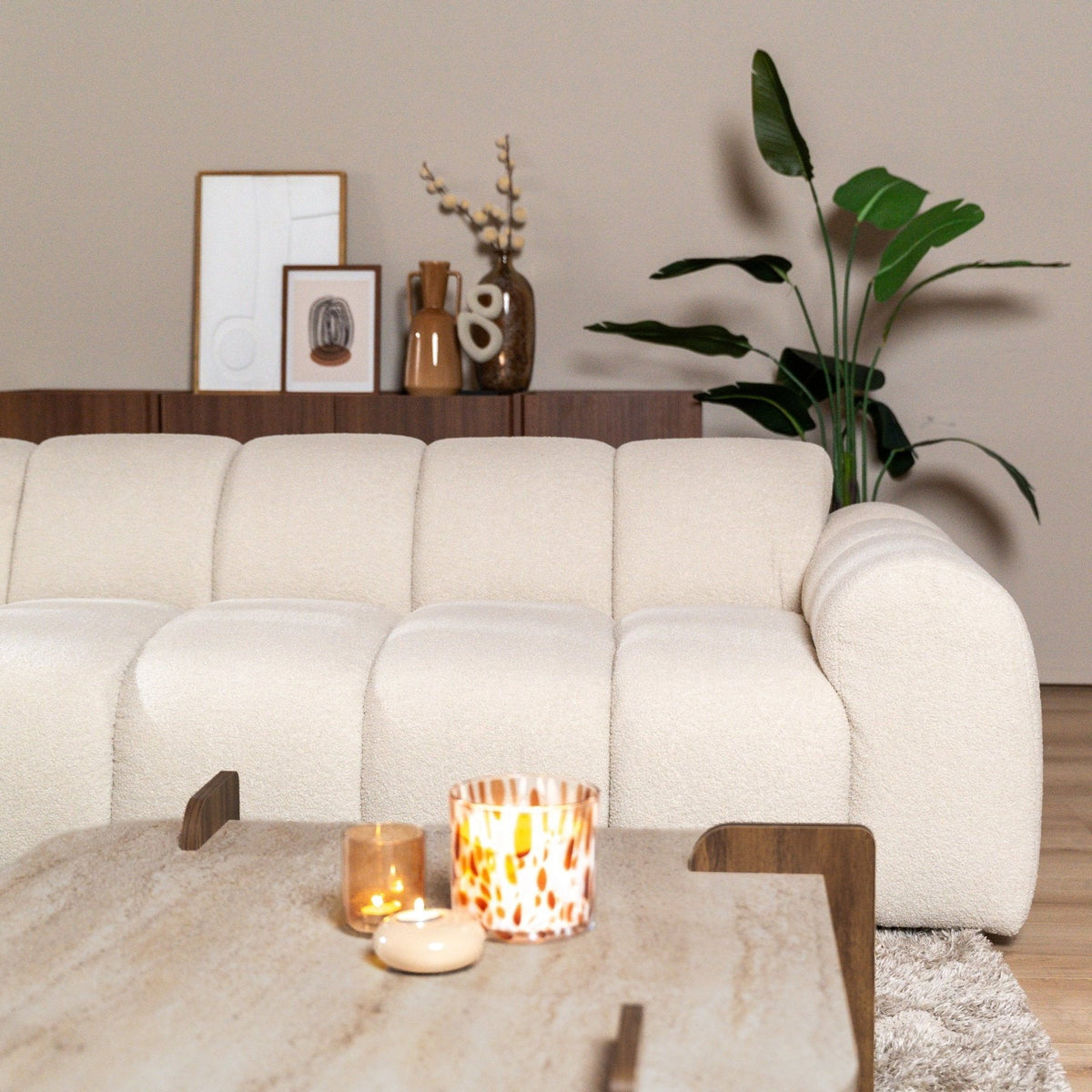 Sofás-Sofá rinconera con salón tela bouclé beige - rayas - izquierda - Brix-Dimehouse