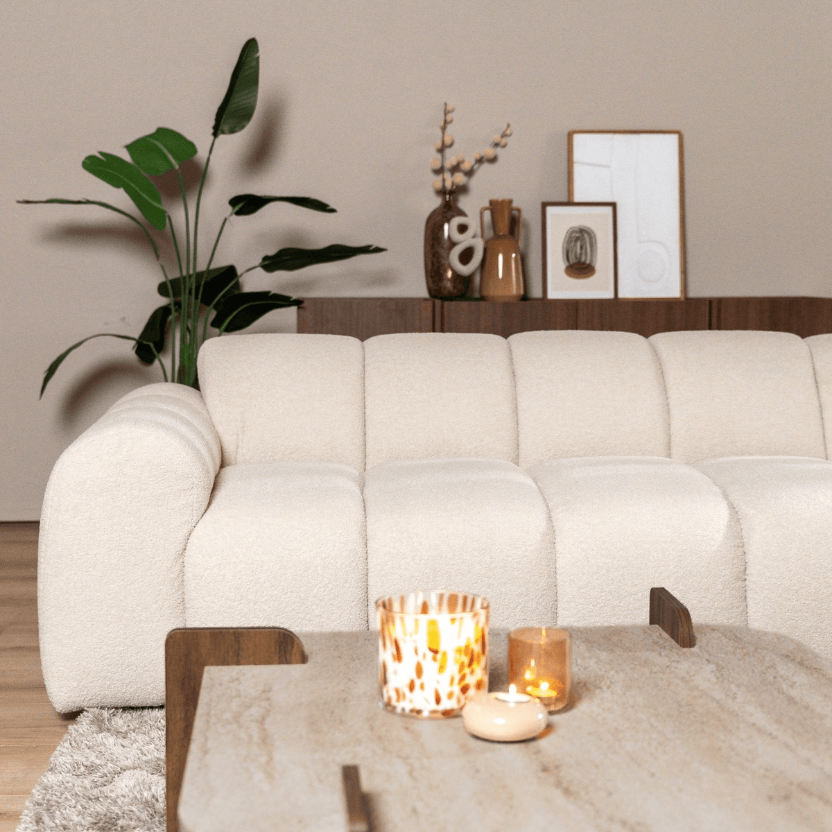 Sofás-Sofá rinconera con salón en tejido bouclé beige - rayas - derecha - Brix-Dimehouse