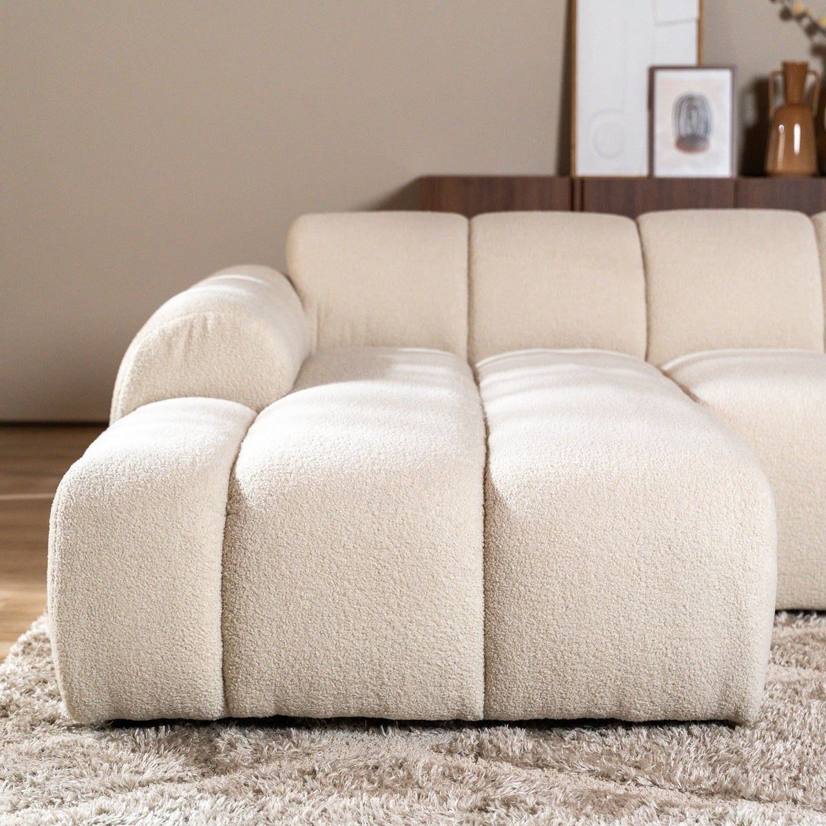 Sofás-Sofá rinconera con salón tela bouclé beige - rayas - izquierda - Brix-Dimehouse